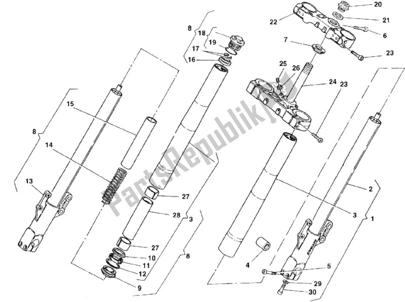 All parts for the Front Fork of the Ducati Monster 750 Dark 1999